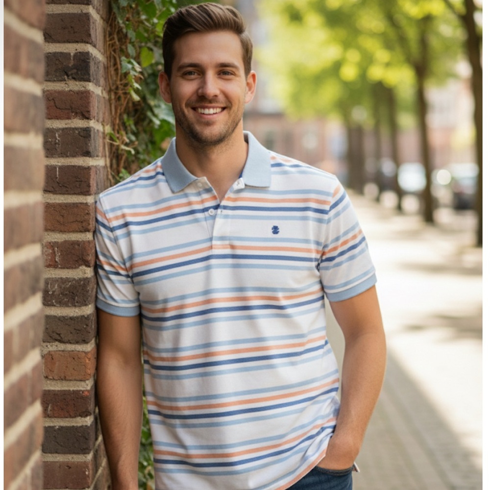 Izod Men's Polo Shirt - Blue, Orange, White Stripes / Size L